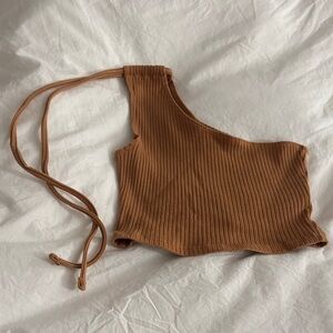 aerie One-Shoulder Ribbed Crop Top in brown